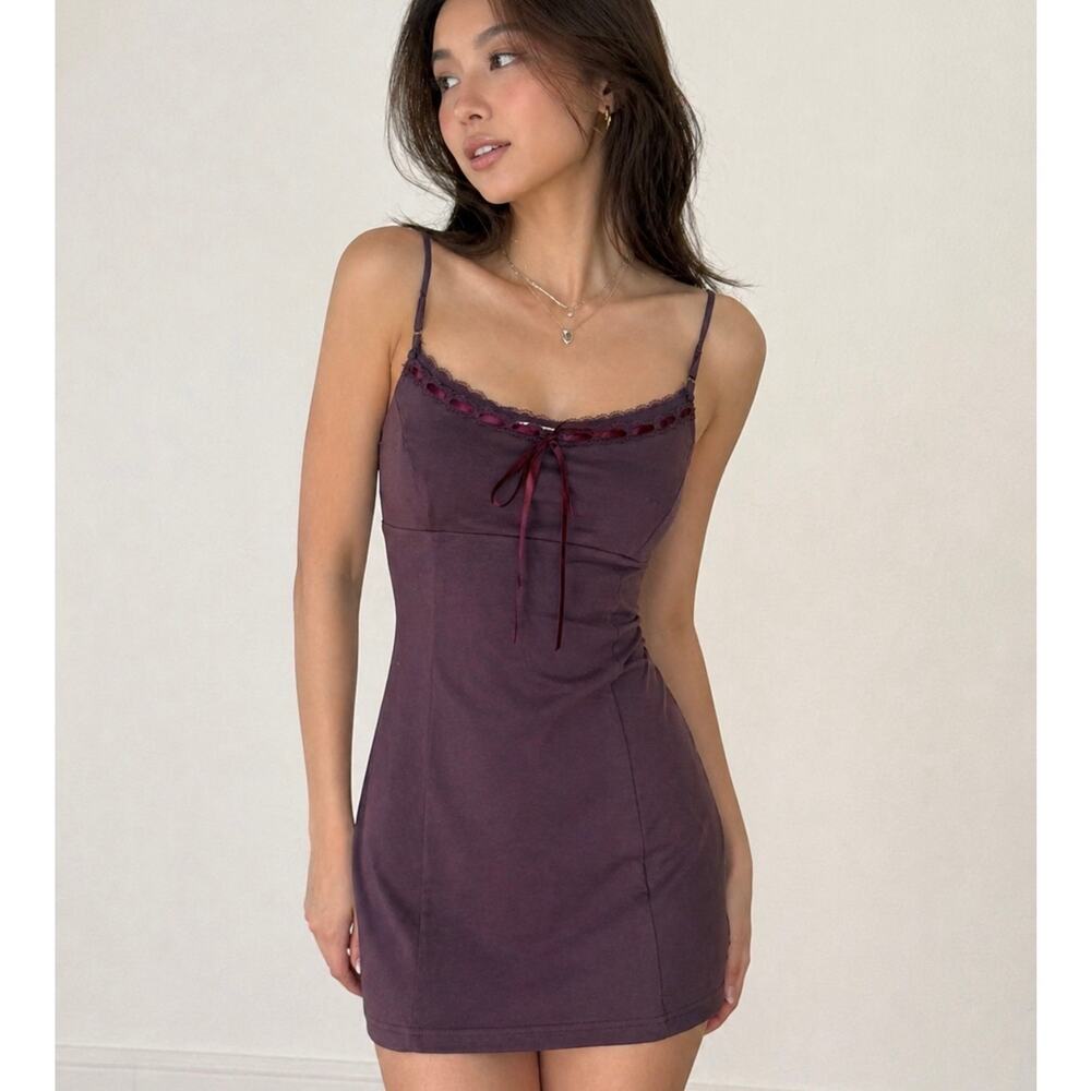LA Hearts Lace Trim Ribbon Tie Mini Dress Purple Spaghetti Strap Size M - Picture 1 of 5